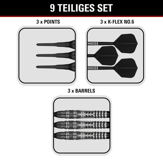 Target Black Marque Blaze Softdarts - 18g Gezeigt werden die Target Black Marque Blaze Softdarts mit 18g Gewicht. Diese Softdarts sind für ambitionierte Spieler entworfen.