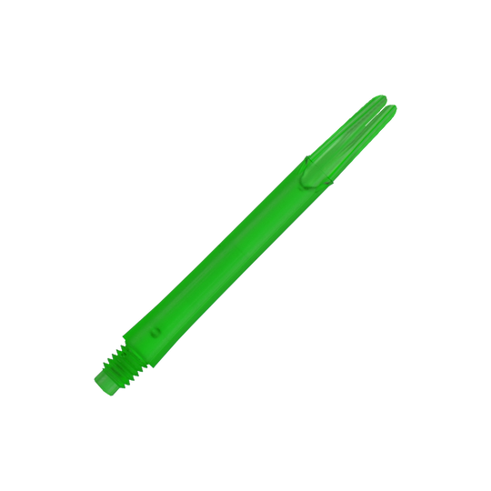 L-Style L-Shafts Locked Straight - Green 330 Das Bild zeigt einen geraden, grünen Dart-Schaft ohne Kappen. Der Schaft hat ein Gewinde an einem Ende und ist durchsichtig.