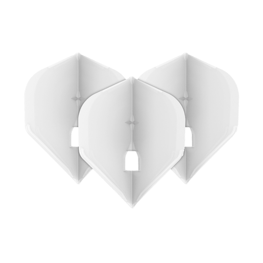 L-Style Champagne L1PRO Flights Auf dem Bild sind drei transparente Dartflights in weißer Farbe zu sehen, die nebeneinander angeordnet sind. Die Flights haben eine klassische Form und besitzen in der Mitte eine kleine rechteckige Öffnung.