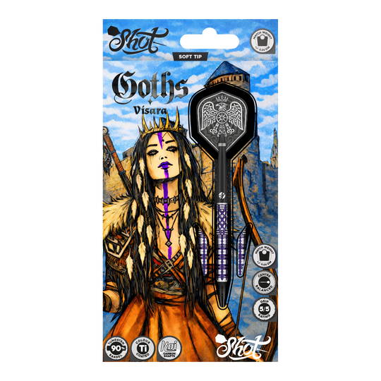 Shot Goths Visara Softdarts - 20g Hier sieht man die Shot Goths Visara Softdarts - 20g. Diese hochwertigen Softdarts sind speziell für den Freizeitsport entworfen.