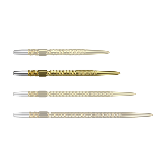 Das Bild zeigt vier goldfarbene Dartspitzen, die nebeneinander liegen. Die Spitzen haben einen silbernen Ansatz und eine gerillte Struktur.