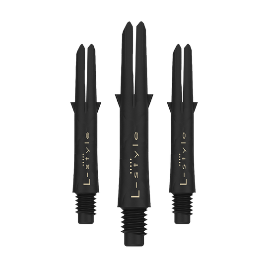 L-Style Carbon Shafts 190 Das Bild zeigt drei schwarze Carbon Shafts für Dartpfeile der Marke L-Style. Die Shafts sind ohne Kappen und besitzen eine goldene Schrift.