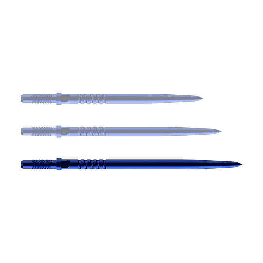 Abgebildet ist ein Dart-Zubehör namens BU57715_BullsNL_Convertible_Points_RingedGrip_Blau_40mm_1. Das Bild zeigt eine blaue Dartspitze mit Ringed Grip Muster.