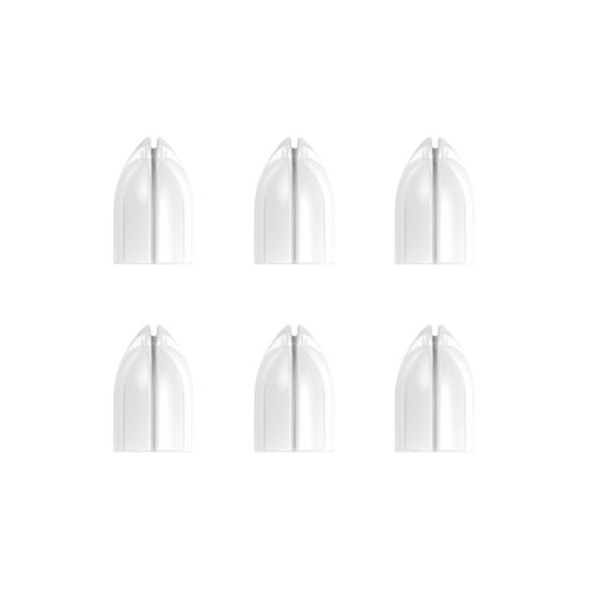 SLZ-524-L-Style-Shell-Lock-Ringe-Weiss-1 Das Bild zeigt sechs weiße L-Style Shell Lock Ringe, die in zwei Reihen angeordnet sind. Diese Ringe werden für die Befestigung von Dartflights verwendet.