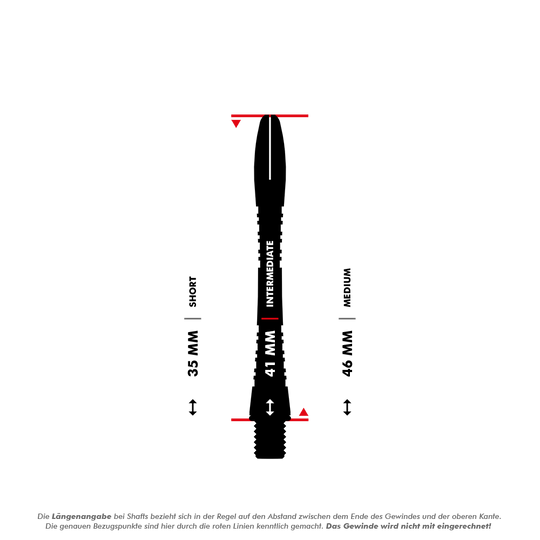 Das Bild zeigt einen Vergleich der Längen von Dartshafts, wobei die mittlere Größe (Intermediate) mit 41 mm hervorgehoben ist. Die anderen beiden aufgeführten Längen sind 35 mm (Short) und 46 mm (Medium).