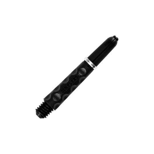 HR321_Harrows_Dimplex_Shafts_Schwarz_34mm_2 Das Bild zeigt den Harrows Dimplex Shaft in Schwarz. Der Schaft hat eine strukturierte Oberfläche mit runden Vertiefungen für besseren Halt.