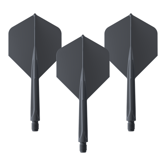 Das Bild zeigt drei schwarze Dartflights mit integriertem Schaft in mittlerer Größe. Es handelt sich um das Produkt "Unicorn Forge All In One Plus No2 Standard Flights Schwarz - Medium".