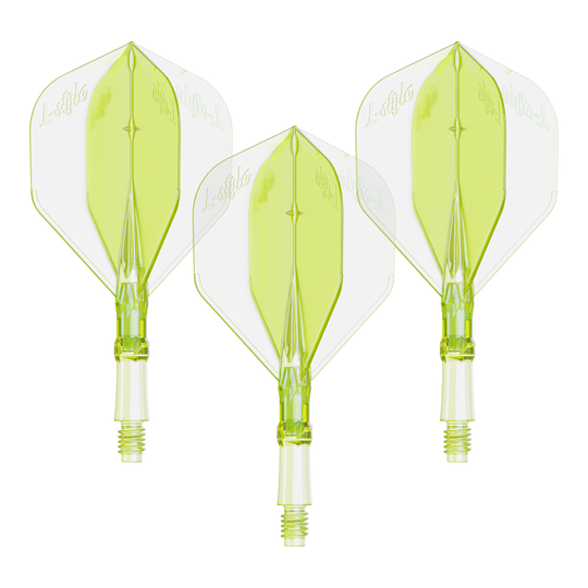 Das Bild zeigt ein Set von Flights für Dartpfeile in Neon-Gelb, kleine Größe. Geeignet für das L-Style L-System.