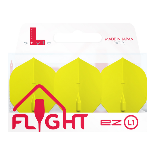 L-Style Champagne L1EZ Standard Flights Das Bild zeigt eine Packung mit drei gelben L-Style Champagne L1EZ Standard Flights. Die Verpackung ist weiß mit roter und grauer Schrift und wurde in Japan hergestellt.