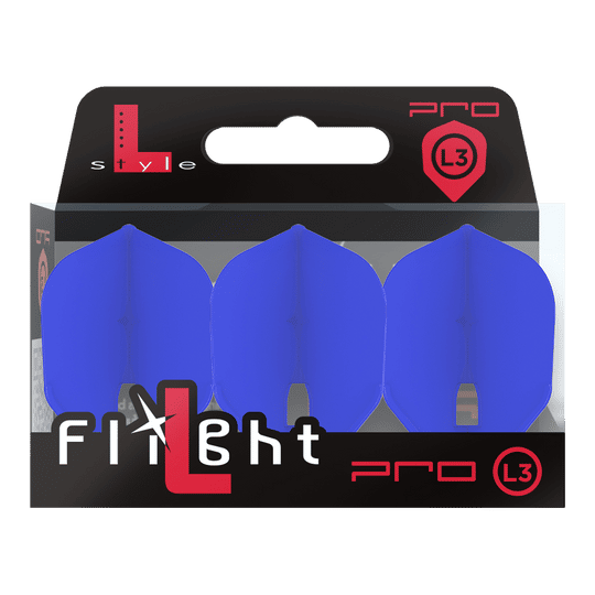 L-Style Champagne L3PRO Shape Flights Das Bild zeigt eine Verpackung mit drei blauen Dartflights der Marke L-Style. Auf der Packung steht "Flight L Pro L3" und die Flights sind in einer durchsichtigen Box sichtbar.