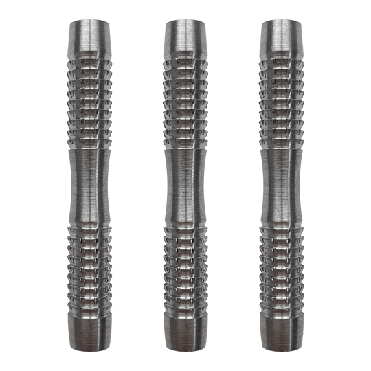 McDart Blank Shark Softdart-Barrels Das Bild zeigt drei silberne McDart Blank Shark Softdart-Barrels. Sie haben eine geriffelte Oberfläche für besseren Halt.