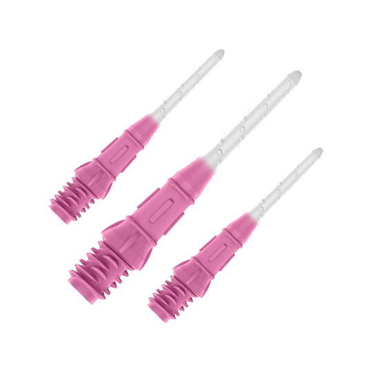 Das Bild zeigt drei pink-weiße Spitzen für Dartpfeile. Sie sind nebeneinander angeordnet und haben ein zweifarbiges Design.