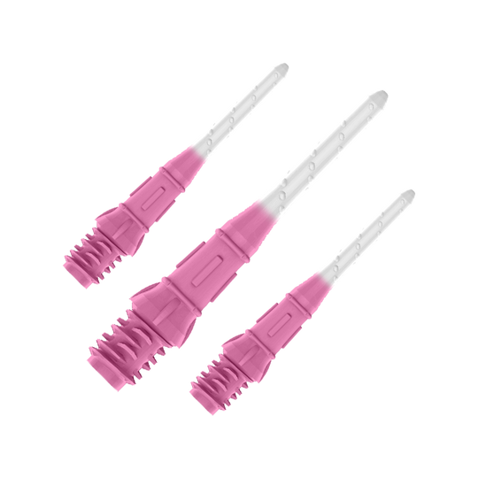 L-Style Premium Two Tone Lippoints (30er Pack)-Pink/Weiß Das Bild zeigt drei pink-weiße Spitzen für Dartpfeile. Sie sind nebeneinander angeordnet und haben ein zweifarbiges Design.