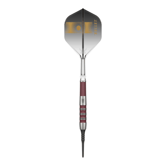 Das Bild zeigt einen Target Stephen Bunting 95K Softdart mit einem Gewicht von 19 Gramm. Der Dart hat ein elegantes schwarzes und silbernes Design mit roten Griffbereichen und einer schwarzen Flight mit goldenen Akzenten.