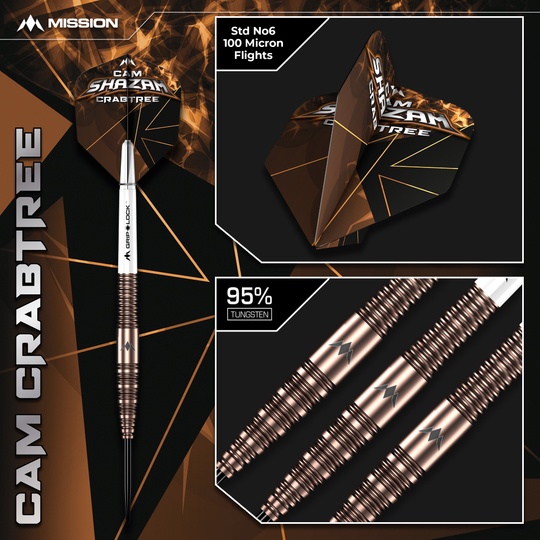 Mission Cam Crabtree V2 95% Tungsten Steeldarts Abgebildet ist die Mission Cam Crabtree V2 Steeldarts, Modell 2. Fokus liegt auf einem einzelnen Dartpfeil aus dem Set.