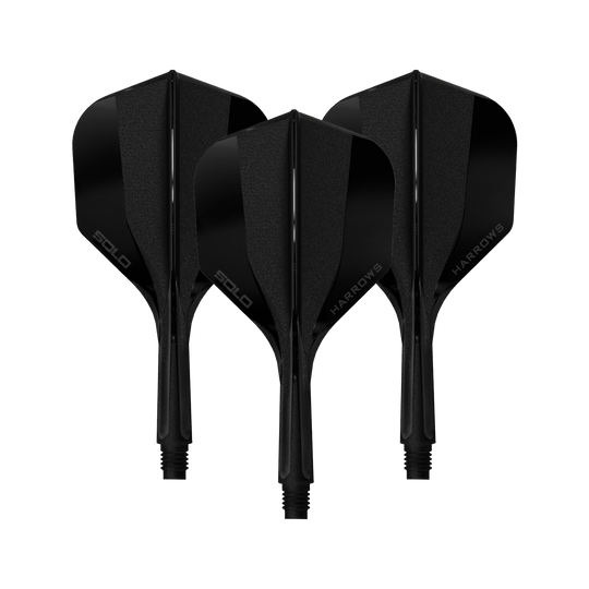 Harrows Solo No6 Flight-Shaft-System - Schwarz Hier sieht man ein Harrows Solo No6 Flight Shaft System in Schwarz, 20mm, 1 Set. Das Produkt wird aus der Seitenperspektive gezeigt.