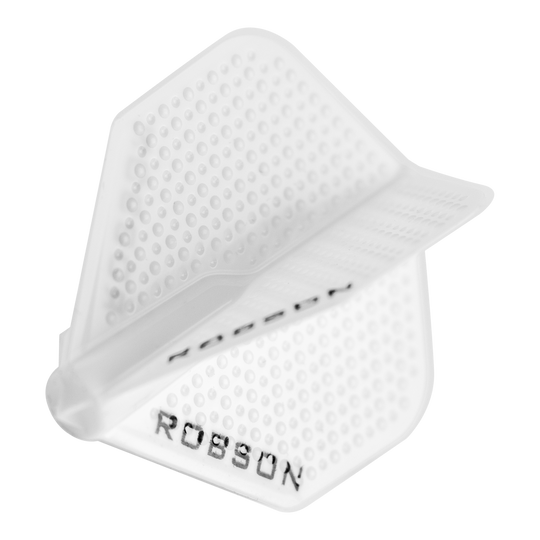 Robson Plus Dimple Flights - Weiß Das Bild zeigt ein weißes Robson Plus Dimple Flight für Darts. Die Oberfläche ist mit kleinen Noppen versehen und der Name "Robson" ist darauf zu sehen.