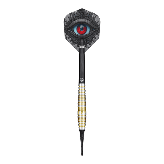 Shot Celt Balor Softdarts Der Shot Celt Balor Softdart ist ein eleganter Dartpfeil mit einem auffälligen Design. Auf der Flight ist ein großes, detailliertes Auge abgebildet.