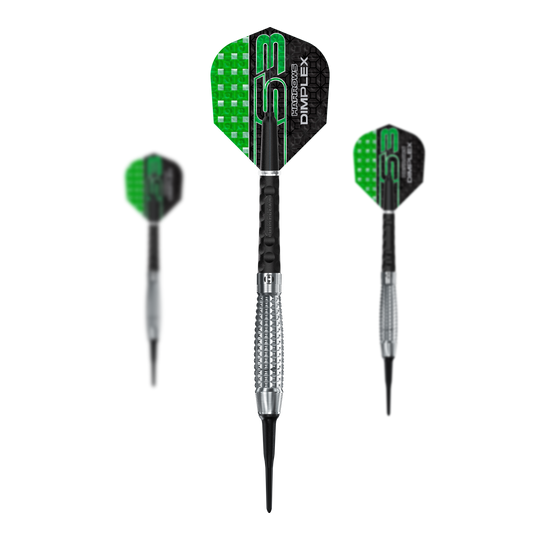 Harrows Dimplex S3 Bomb Softdarts Das Bild zeigt drei Harrows Dimplex S3 Bomb Softdarts mit grün-schwarzen Flights. Die Dartpfeile haben silberne Griffbereiche und schwarze Spitzen.