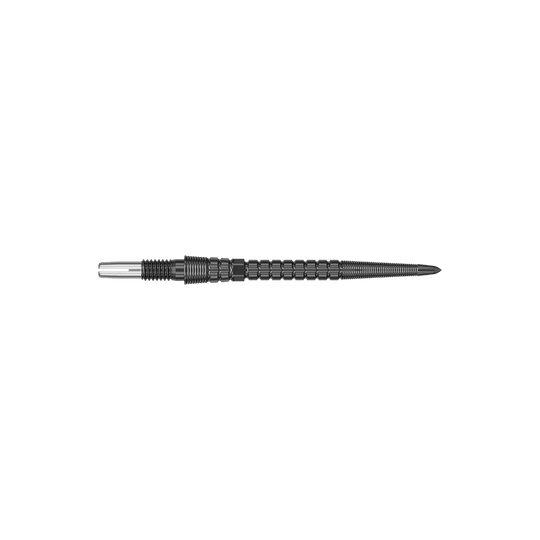 Ein schwarzes Dartspitzen-Set ist abgebildet. Die Spitzen sind in einer Reihe angeordnet.