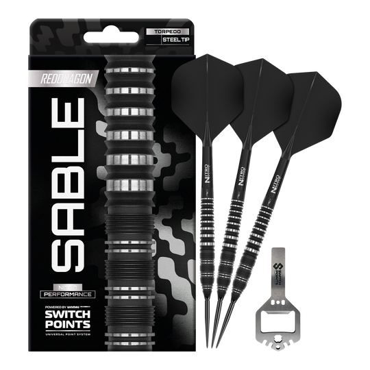 Red Dragon Sable Torpedo Switch Point Steeldarts Das Bild zeigt die Red Dragon Sable Torpedo Switch Point Steeldarts in voller Länge. Die komplette Form und das Design sind zu sehen.