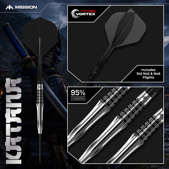 Mission Katana Steeldarts Auf diesem Bild sieht man die Mission Katana Steeldarts. Sie sind beliebt wegen ihrer hochwertigen Verarbeitung und optimalen Flugeigenschaften.