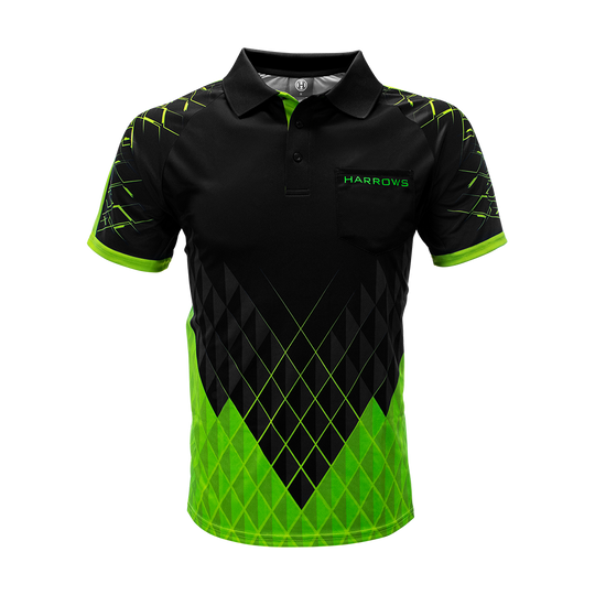 HRS-26333_Harrows_Paragon_Dartshirt_Gr-n_1 Harrows Paragon Dartshirt in auffälliger Farbe. Das Shirt ist flach und frontal dargestellt.