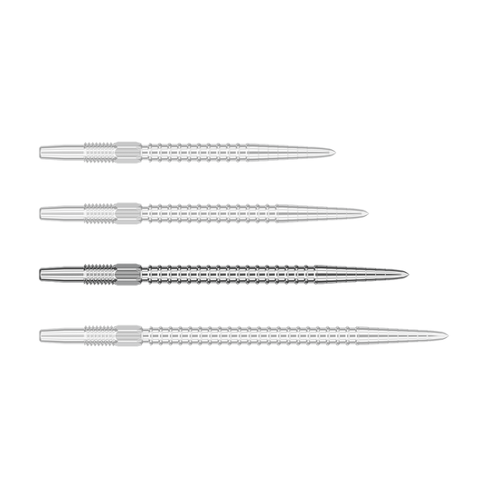 Auf dem Bild sind vier silberne Dartspitzen zu sehen, die horizontal ausgerichtet sind. Sie haben ein geriffeltes Muster und wirken hochwertig verarbeitet.