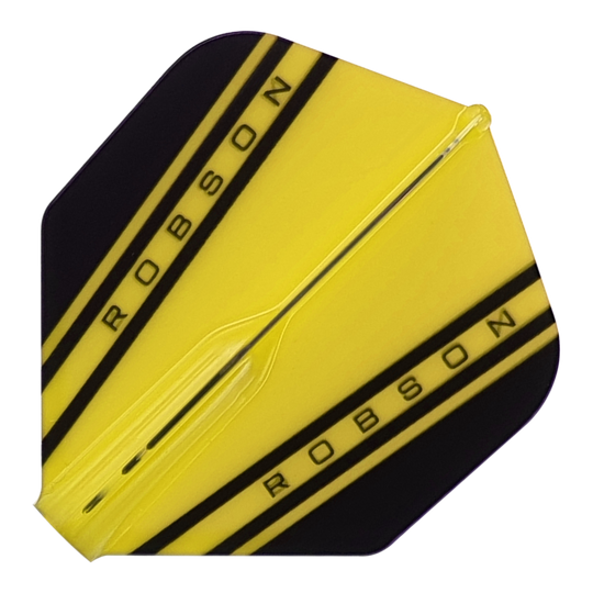 Robson Plus V Standard Flights Das Bild zeigt einen gelben Dartflight mit schwarzen Streifen und der Aufschrift "ROBSON". Es handelt sich um das Produkt "Robson Plus V Standard Flights".
