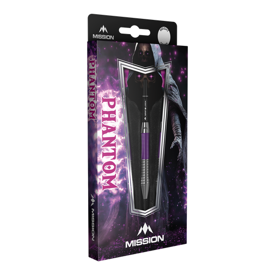 Mission Phantom Brass Steeldarts - 22g Die Abbildung zeigt die Verpackung der "Mission Phantom Brass Steeldarts - 22g". Die Verpackung ist überwiegend lila und schwarz gestaltet und zeigt einen Dartpfeil sowie eine geheimnisvolle, schattenhafte Figur im Hintergrund.
