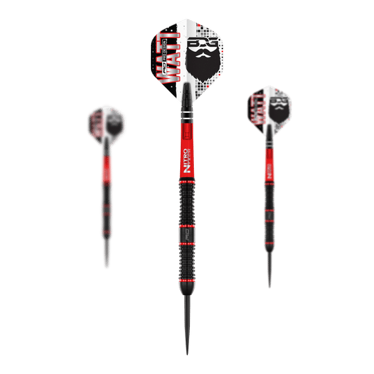 Red Dragon Jason Watt Steeldarts - 22g Das Bild zeigt drei Steeldarts des Modells "Red Dragon Jason Watt" mit einem Gewicht von 22g. Die Darts sind schwarz-rot und haben Flights mit einem Bartmotiv und der Aufschrift "WATT".