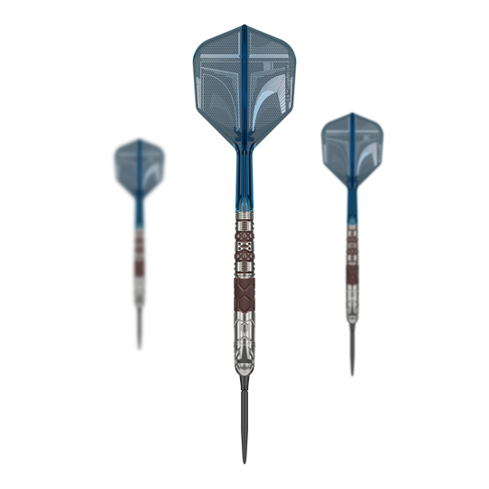 Target Star Wars Mandalorian 95 Swiss Point Steeldarts Target Star Wars Mandalorian 95 Swiss Point Steeldarts sind auf dem Bild zu sehen. Es handelt sich um spezielle Steeldarts mit Mandalorian-Design.