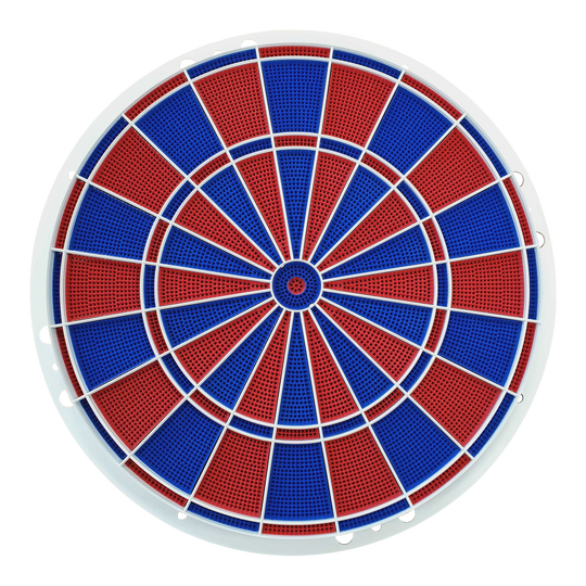 Löwen Dart Ersatzteile 82er Segment- und Spider Set Das Bild zeigt ein Löwen Dart Ersatzteile 82er Segment- und Spider Set. Es besteht aus abwechselnd roten und blauen Segmenten mit weißen Trennstreben.