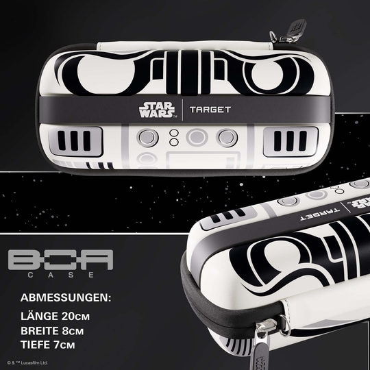 Target Star Wars Boa Dartcase - Stormtrooper Auf diesem Bild sieht man das Target Star Wars Boa Dartcase im Stormtrooper Design. Das Dartcase ist im Stil der Star Wars Stormtrooper gestaltet.