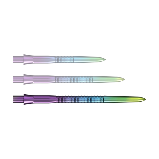 Mission Caliburn EVO Dartspitzen GV1 - Rainbow Ein Bild von Steeldartspitzen in Regenbogenfarben, 38 mm lang. Die Spitzen sind für den Einsatz in Dartpfeilen gedacht.
