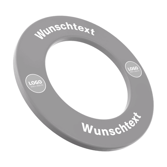 Surround mit Wunschdruck Ein rundes Dartboard-Surround in grauer Farbe ist abgebildet. Das Produkt trägt ein individuelles Textlogo.