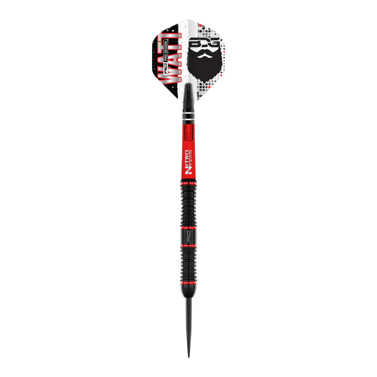 Red Dragon Jason Watt Steeldarts - 22g Das Bild zeigt den "Red Dragon Jason Watt Steeldart - 22g". Der Dartpfeil hat ein auffälliges Design in Schwarz, Rot und Weiß mit dem Namen „Watt“ und einem Bartmotiv auf der Flights.