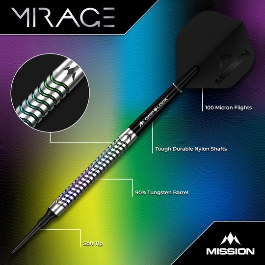 Mission Mirage Softdarts - 20g Hier sieht man die Mission Mirage Softdarts - 20g. Die Darts werden aus einer seitlichen Perspektive präsentiert.