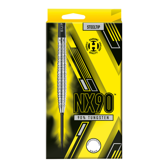 Harrows NX90 Tapered Quick Point Steeldarts Die Abbildung zeigt die Harrows NX90 Tapered Quick Point Steeldarts. Diese Darts sind speziell für Genauigkeit und Kontrolle konzipiert.