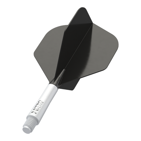 Red Dragon Nitroflite - White Shaft Black No2 Flights Das Bild zeigt einen schwarzen Dart-Flügel mit einem weißen Schaft. Auf dem Schaft steht der Text "NITRO FLITE".