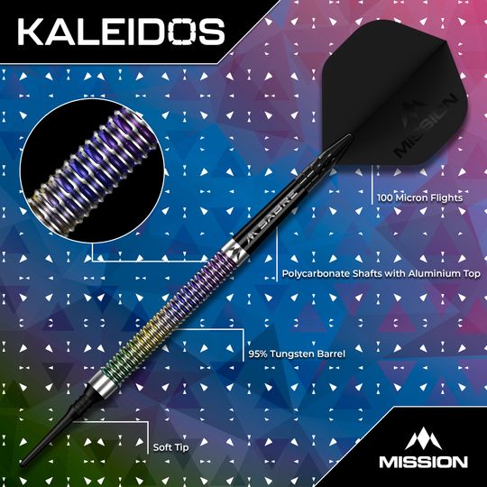 Mission Kaleidos Softdarts - 19g Das Foto zeigt Mission Kaleidos Softdarts - 19g. Es handelt sich um hochwertige Darts für Hobby- und Profispieler.
