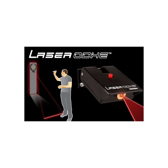 8510-Winmau-Laser-Oche-6 Das Bild zeigt das Produkt "Winmau Laser Oche", das eine präzise Laserlinie auf den Boden projiziert. Es hilft Dartspielern, den richtigen Abstand zum Dartboard einzuhalten.