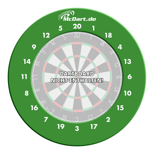 McDart HD Zahlen Surround Das Bild zeigt einen grünen Dart-Surround-Ring mit weißen Zahlen und dem Logo "McDart.de" oben. In der Mitte steht der Hinweis "DARTBOARD NICHT ENTHALTEN!"
