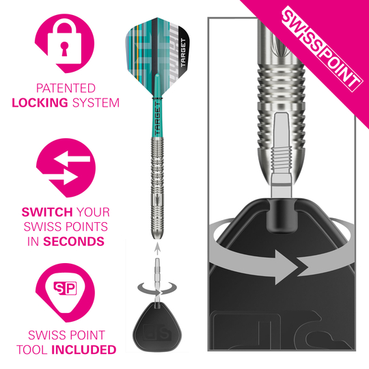 Target Hydro 01 Swiss Point Steeldarts Das Bild zeigt die Target Hydro 01 Swiss Point Steeldarts. Die Darts befinden sich im Fokus der Aufnahme.