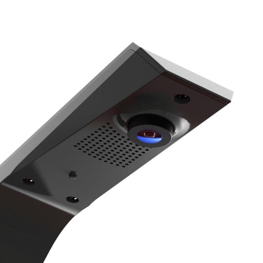 Das Bild zeigt das GranDarts GranEye Steeldart Auto-Scoring-System. Zu sehen ist eine Nahaufnahme des Geräts mit einer Kamera und Belüftungsschlitzen.