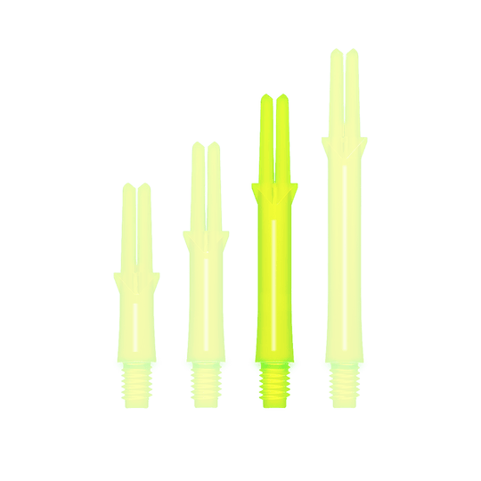 L-Style L-Shafts Locked Straight - Neon Yellow 260 Auf dem Bild sind vier neon-gelbe, gerade Dart-Schäfte in unterschiedlichen Längen zu sehen. Sie stehen aufrecht nebeneinander aufgereiht.