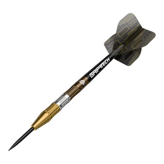GOAT Ceremony Tungsten Steeldarts Der GOAT Ceremony Tungsten Steeldart ist ein hochwertiger Dartpfeil mit goldenen und silbernen Elementen. Auf dem Schaft steht das Wort "GRIPTECH" und die Flights sind schwarz mit goldenen Linien gestaltet.