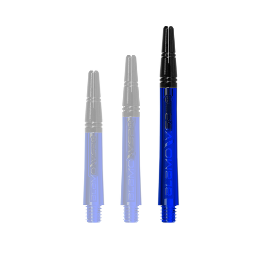 Das Bild zeigt drei blaue Dart-Schäfte in unterschiedlicher Länge, die aufrecht stehen. Die Schäfte haben schwarze Spitzen und sind aus robustem Material gefertigt.