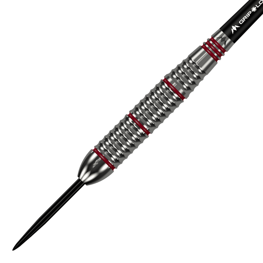 Mission Rogue Brass Steeldarts - 22g Das Bild zeigt einen Mission Rogue Brass Steeldart mit einem Gewicht von 22 Gramm. Der Dartpfeil hat ein silbernes, geriffeltes Barrel mit roten Akzenten.