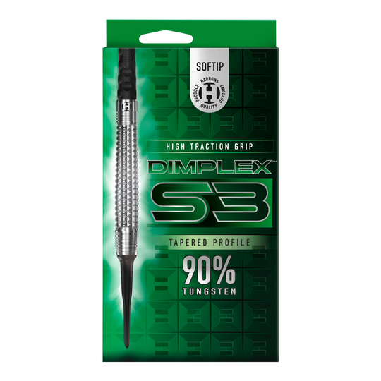 Harrows Dimplex S3 Tapered Softdarts Das Bild zeigt die Verpackung der "Harrows Dimplex S3 Tapered Softdarts". Auf der Packung steht, dass die Darts einen hohen Grip und einen 90%igen Tungsten-Anteil haben.